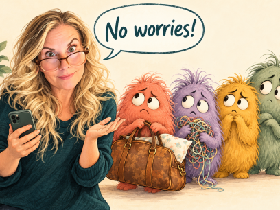 Cartoon of Karen holding a phone beneath a “No worries!” speech bubble, beside four worried creatures, one carrying an overnight bag.