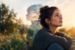 A young woman sitting outdoors in soft evening sunlight, with a double-exposure silhouette of a child and landscape integrated behind her, representing childhood memories and internal reflection.