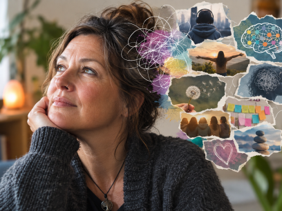 Thoughtful middle-aged woman reflecting on neurodivergence, with colourful imagery representing different thoughts, emotions and ways of experiencing the world.