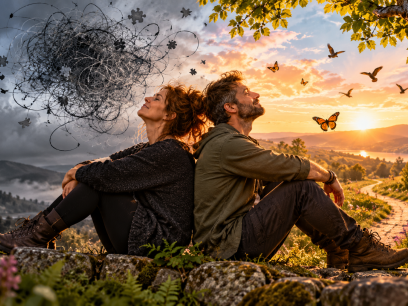 Man and woman sitting back-to-back between contrasting stormy and peaceful landscapes, representing different experiences, thought patterns and perspectives.