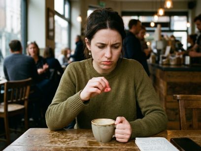 A woman sitting alone at a coffee shop table looking down anxiously while picking at her fingernails.